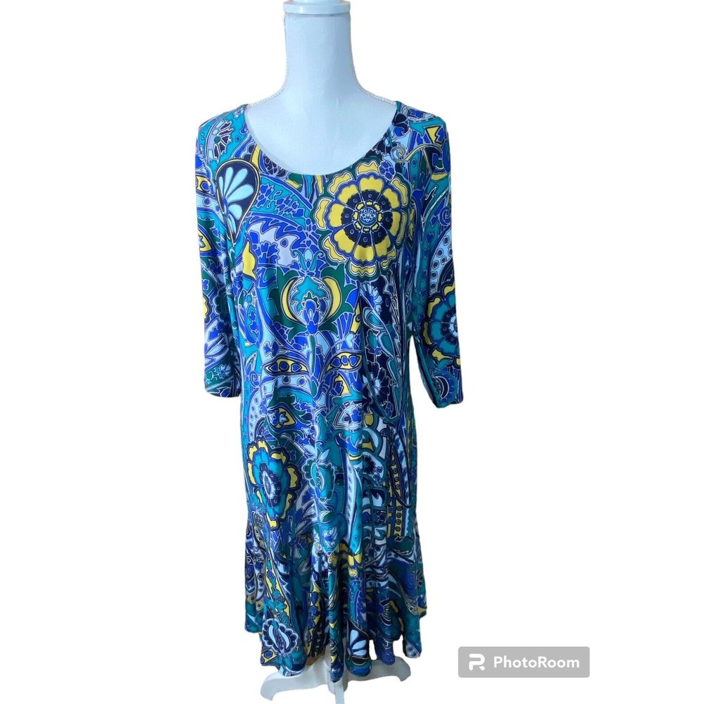 New Roz & Ali Sz14 Lovely Liquid Knit Art-To-Wear Flowy Colorful Peplum Dress